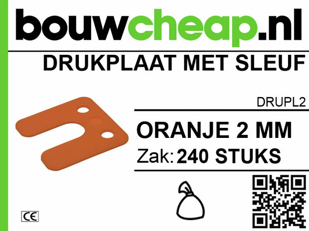 Oranje drukplaat van 2 mm met sleuf, verpakt in een zak van 240 stuks, met logo van bouwcheap.nl.
