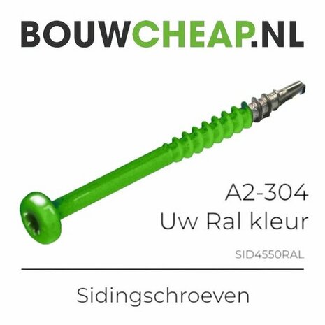 Groene schroef met een scherpe punt en ribbelige schacht, ontworpen voor bevestiging en met een brede, platte kop.