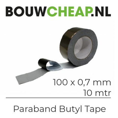Zwarte rol butyltape met glanzend oppervlak, met een afgeknipte strook die ernaast ligt. Afmetingen op label vermeld.