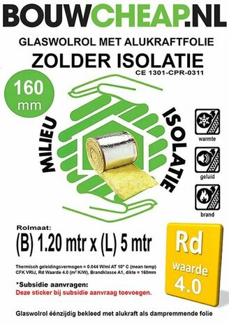 Glaswol isolatie met alukraftfolie, gele en zilveren rollen, daarbij een groen merklogo met de tekst 'Bouwcheap.nl'.