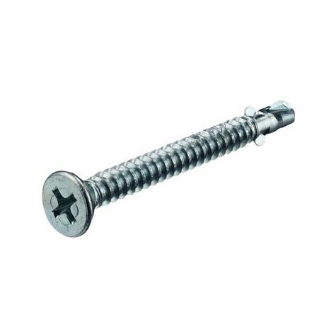 Een rechtopstaande, metalen schroef met een verzonken kop en een kruisvormige inkeping voor een schroevendraaier.