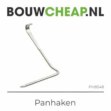 Glanzende panhaak van metaal met een haakvorm en een scherpe punt aan de onderkant.