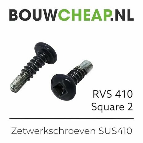 Zwarte RVS zetwerkschroeven met vierkante kop, gepresenteerd op een witte achtergrond met het merk logo Bouwcheap.