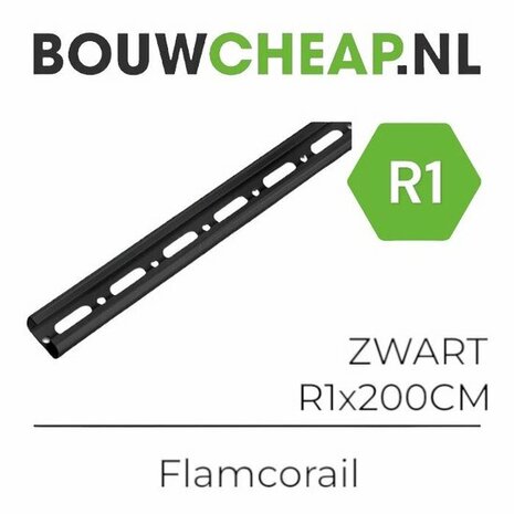 Zwarte metalen rail met gleuven, lengte van 200 cm, de tekst "Bouwcheap.nl" erboven in groen en zwart.