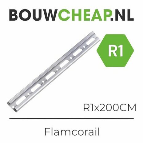 Zilverkleurige metalen lat van 200 cm met ronde gaten, gemarkeerd met R1 en het logo van Bouwcheap.nl.