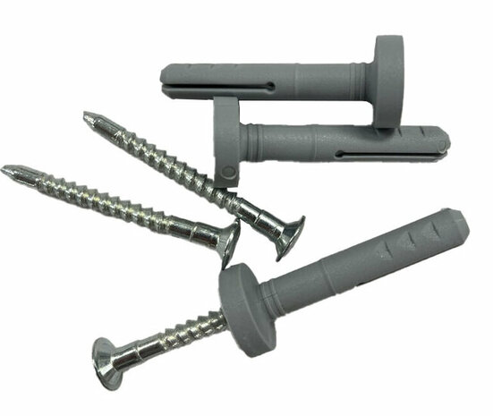 Grijze pluggen en schroeven van metaal, met een spiraalvormige structuur en een platte kop, netjes op elkaar gelegd.