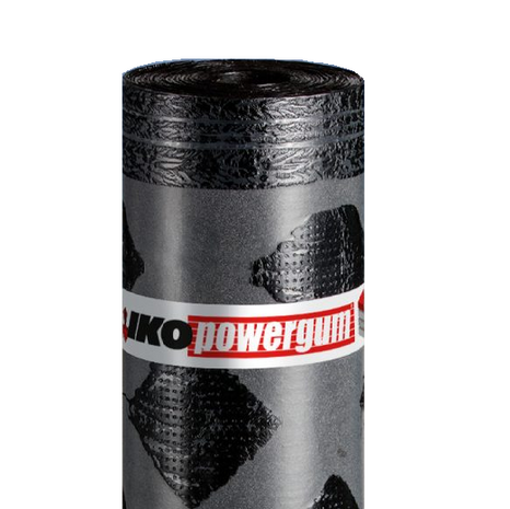 Zwarte rubberen dakbedekking van IKO, met een patroon van vierkante en ronde stippen en het merklogo prominent zichtbaar.