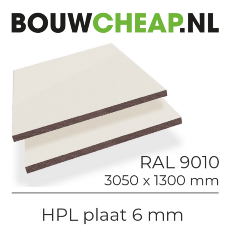 Twee boven elkaar liggende HPL platen in RAL 9010, met een afmeting van 3050 x 1300 mm en een dikte van 6 mm.