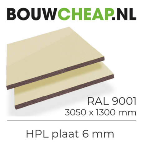 Op de afbeelding staan twee lagen HPL platen in crèmekleur, met een dikte van 6 mm en afmetingen van 3050 x 1300 mm.