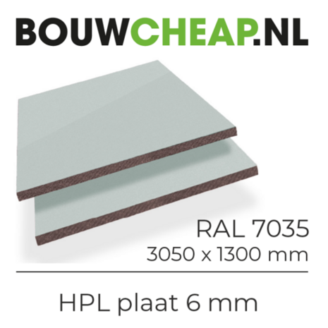 Grijze HPL plaat van 6 mm, maat 3050 x 1300 mm, met een donkere kern en een gladde afwerking.