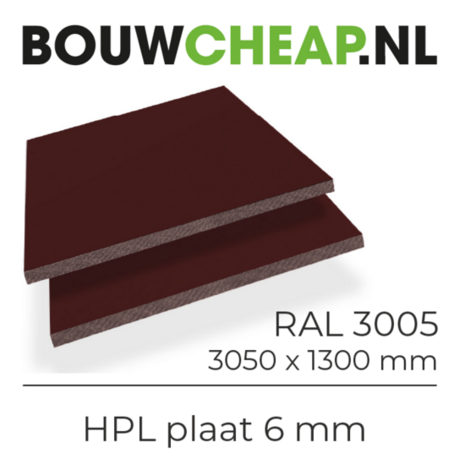 Dieprood HPL plaat van 6 mm, afmetingen 3050 x 1300 mm, met een gladde, robuuste uitstraling en een lichte kern.