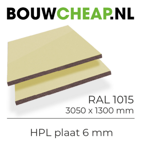 Lichte HPL plaat in RAL 1015, met een dikte van 6 mm, afmetingen van 3050 x 1300 mm, gestapeld op elkaar.