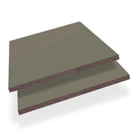 Twee stapels rechthoekige panelen in een matte groen-grijze kleur met een donkerbruine rand onder een lichte achtergrond.