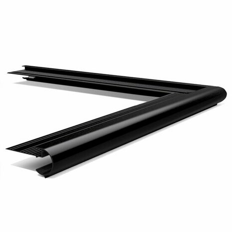 Zwarte hoeklijst met een moderne, strakke vorm, vervaardigd uit stevig materiaal, met een subtiele glanzende afwerking.