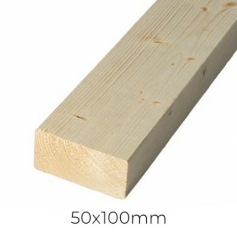 Lange, rechthoekige houten balk van lichtgrijs hout, met duidelijke houtnerf en afgeronde hoeken. Afmeting 50x100 mm.