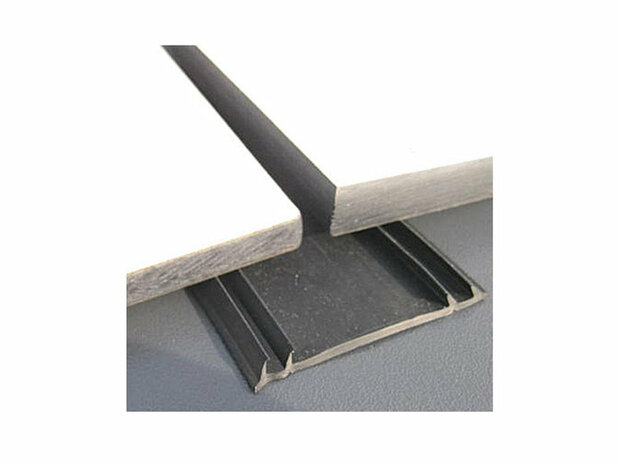 Twee rechte platen van lichtgrijs materiaal met een zwarte afdichtstrip in het midden, die de randen verenigt.