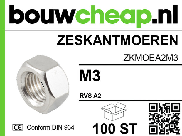 Zeskantmoer M3 RVS A2