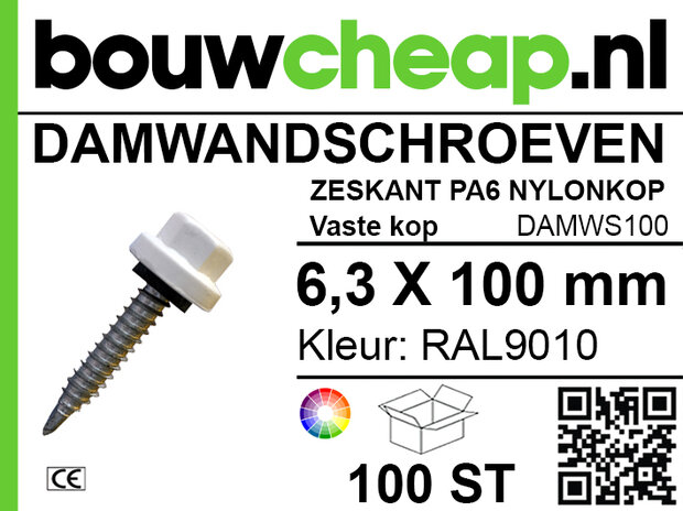 Damwandschroef 6.3x100mm RAL9010