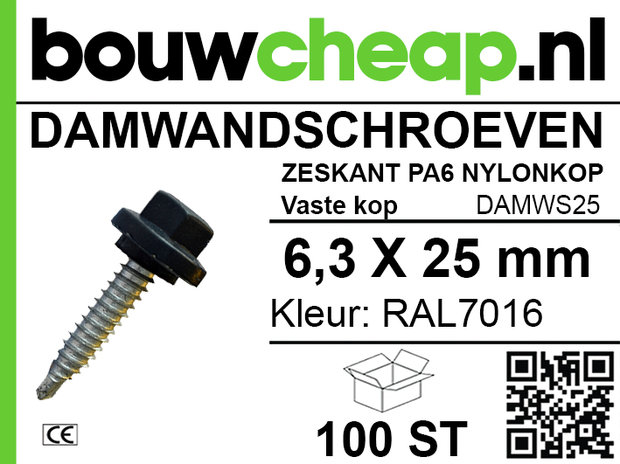 Damwandschroef 6.3x25mm RAL7016