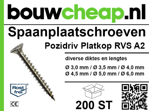 Spaanplaatschroef RVS A2 200 st Pozidriv Platkop