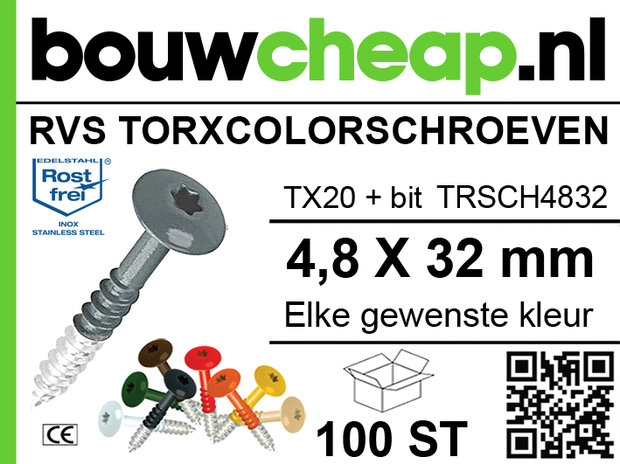 RVS Torxcolorschroef 4,8x32 tbv HPL en Trespa® (100 st)