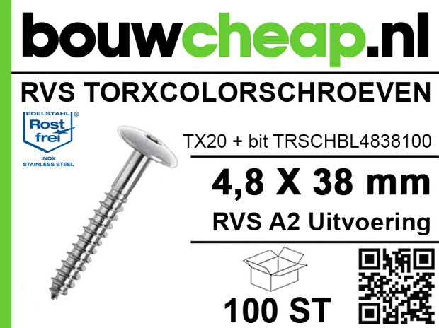 RVS Torxcolorschroef 4,8x38 blank tbv HPL en Trespa® (100 st)