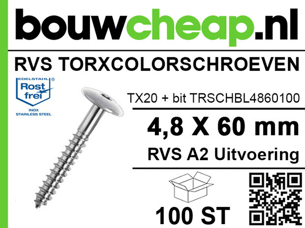RVS Torxcolorschroef 4,8x60 blank tbv HPL en Trespa® (100 st)