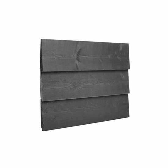 Zwarte houten panelen met een ruwe afwerking, gemonteerd in een overlappende compositie met drie delen.