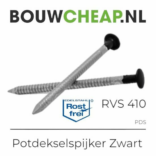 Zwarte potdekselspijkers met verzonken kop, verzinkt staal, twee stuks, met logo en productinformatie eronder.