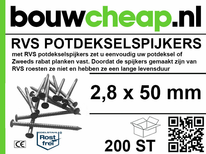 Roestvrijstalen potdekselsplijkers in een doos met het merklogo 'bouwcheap.nl', maat 2,8 x 50 mm, verpakking van 200 stuks.