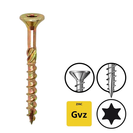 Turbo Houtschroeven - 4,0x40mm - Torx -  Geel verzinkt - 200 stuks