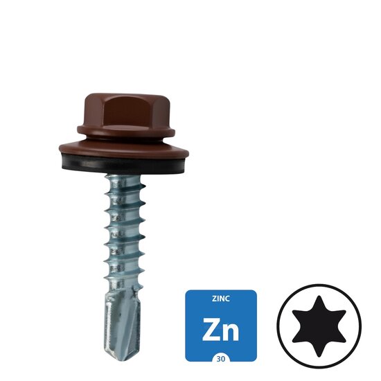 Dakpanplaatschroeven - Verzinkt - 4,8x25mm - Ral 8011 Notenbruin - 100 stuks 