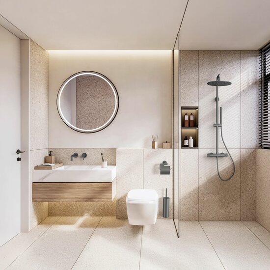 REGENDOUCHESET - THERMOSTATISCH - COOL TOUCH - HOOFDDOUCHE 30 CM - OPBOUW - KNOPPEN MET VERFIJNDE RIBBELSTRUCTUUR - GUNMETAL (PVD)