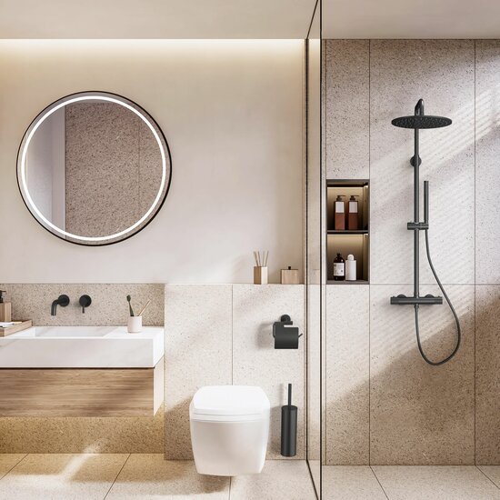  REGENDOUCHESET - THERMOSTATISCH - COOL TOUCH - HOOFDDOUCHE 30 CM - OPBOUW - KNOPPEN MET VERFIJNDE RIBBELSTRUCTUUR - MAT ZWART (PVD)