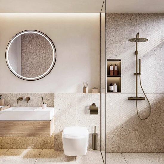 REGENDOUCHESET - THERMOSTATISCH - COOL TOUCH - HOOFDDOUCHE 30 CM - OPBOUW - KNOPPEN MET VERFIJNDE RIBBELSTRUCTUUR - BRUIN BRONS 