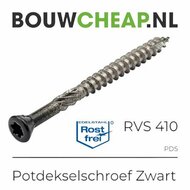 Zwarte potdekselschroef met een schroefdraad en een stervormige inkeping aan de bovenkant, gemarkeerd met RVS 410.