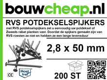 Zilverkleurige RVS potdekselspijkers in een doos, met afmetingen van 2,8 x 50 mm, geschikt voor houten planken.