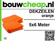 Oranje dekzeilen van stevig materiaal, met afmetingen van 5x6 meter, gepresenteerd op een witte achtergrond met merklogo.