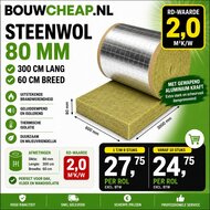 STEENWOL ROLLEN MET ALUMINIUMFOLIE 90MM DIK 60 X 300CM 