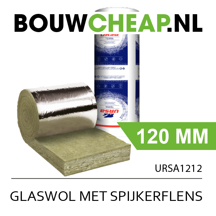 team belediging handboeien Glaswol 120 mm (URSA 12) met spijkerflens 6000x600x120mm Rd:3.00 (=3,60 m²)  - Bouwcheap.nl