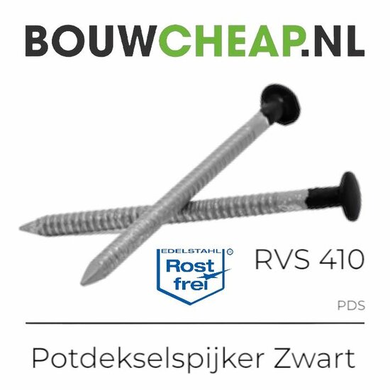 Zwarte potdekselspijkers met verzonken kop, verzinkt staal, twee stuks, met logo en productinformatie eronder.