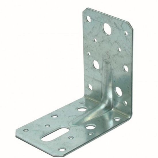 Zilverkleurige metalen hoekbeugel met meerdere gaten en een L-vormige constructie voor bevestiging.