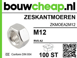 Zeskantmoer RVS M12 DIN934 (100 ST.)