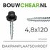 Zwarte dakpanplaatschroef met metalen schacht, lengte 120 mm en dikte 4,8 mm, met een brede kop.