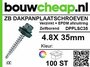 Zwarte zelfborende dakpanplaatschroeven met zilveren schroefdraad, verpakking met kleurrijk merklogo en specificaties.
